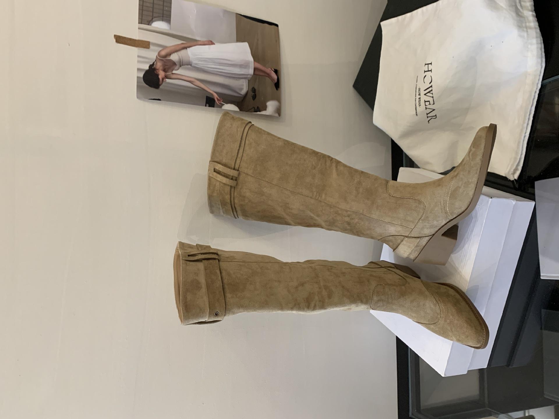 

2025 autumn and winter new knee boots women s khaki suede pointed boots children thick heel thin pleated piled boots 39 хаки