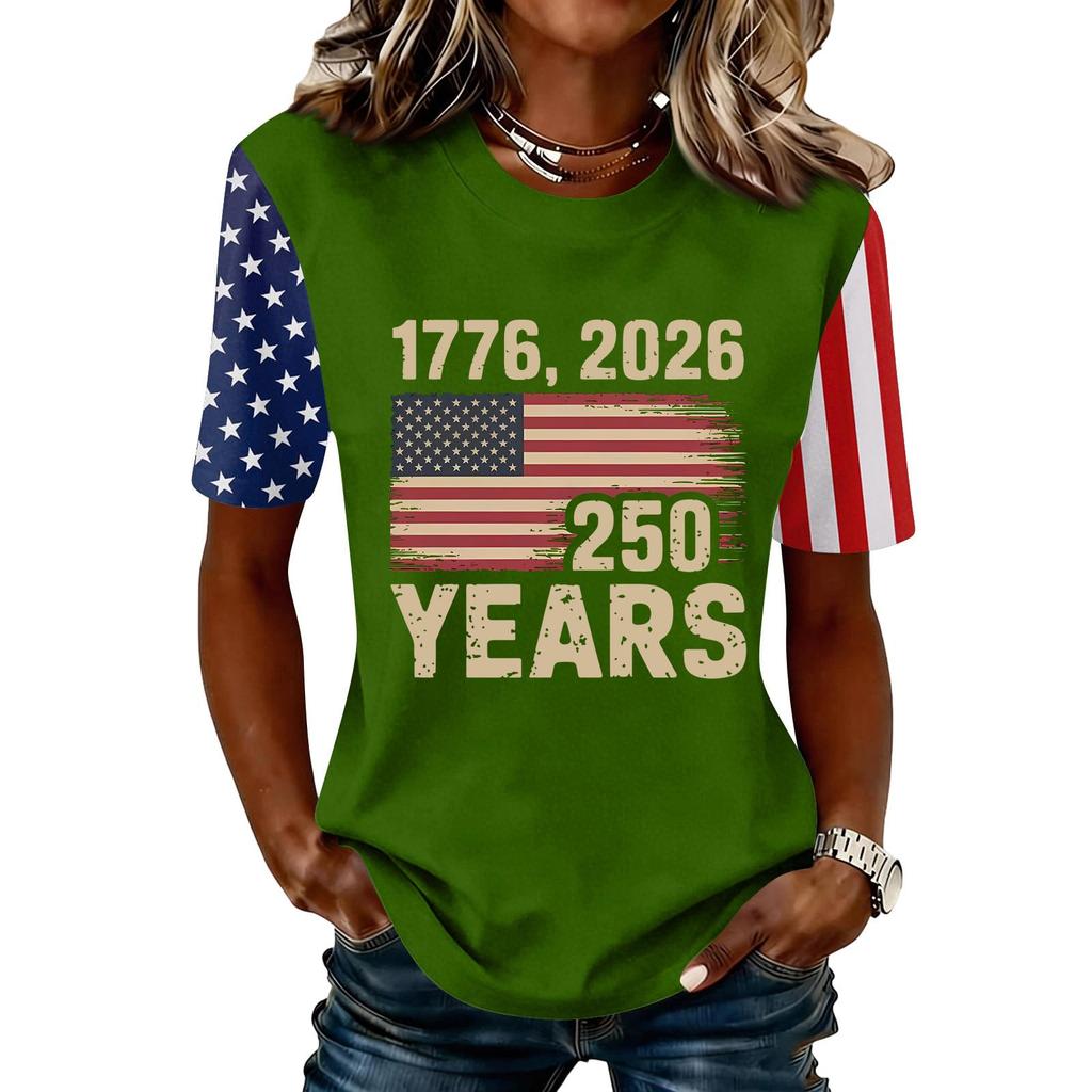 Blusa Feminina da Moda Casual de Manga Curta com Estampa e Gola Redonda