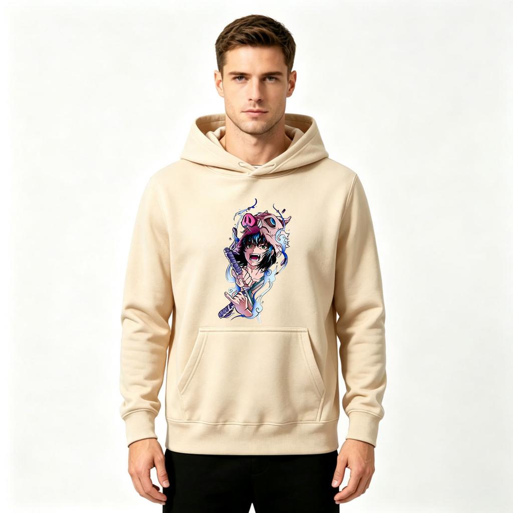 Men Anime Printed Pullover Hoodie Inosuke Pattern Casual Long Sleeve Sweatshirt for Daily Wear