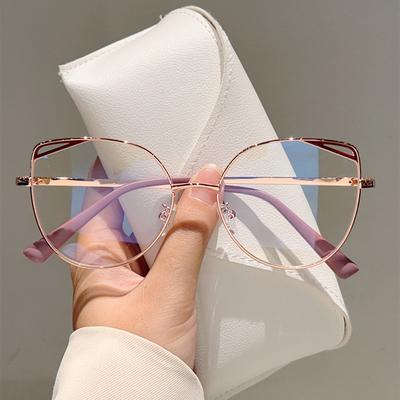 Montura de gafas de metal hueco ojo de gato de alta calidad, moda simple, gafas anti luz azul para mujer, gafas para ordenador, lente plana