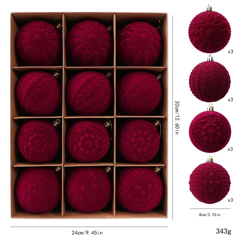 Flocked Velvet Christmas Ball Set - Embossed Decorative Tree Ornaments