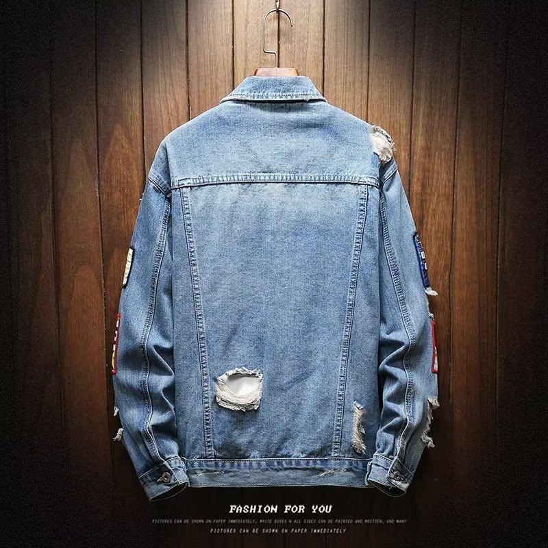 Giacca in denim alla moda da uomo, con ricamo, cappotto, primavera, autunno, casual, da motociclista, abbigliamento maschile