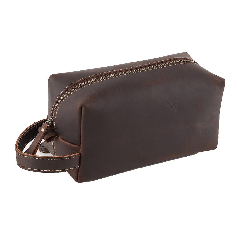 First Layer Cowhide Crazy Horse Leather Wash Bag, Retro Genuine Leather, Large Capacity Stationery Bag, Cowhide Storage Bag