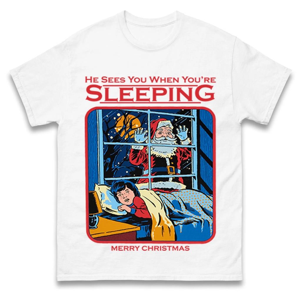 Er sieht dich, wenn du schläfst Lustiges Weihnachtsmann-Weihnachts-T-Shirt Sommer Herren Trainingsanzug Pullover Lässig Atmungsaktiv Sportbekleidung