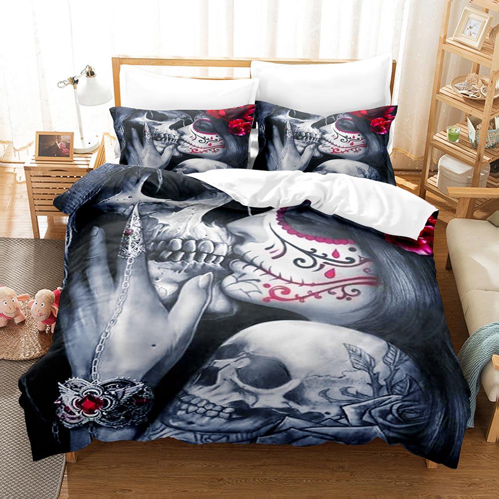 3D-Paar-Schädelkopf-Serie, Bettwäsche-Set, Halloween-Horror-Bettbezug und Kissenbezug, 2/3-teilig, AU/US/UK/DE, volle Größe, Heimdekoration