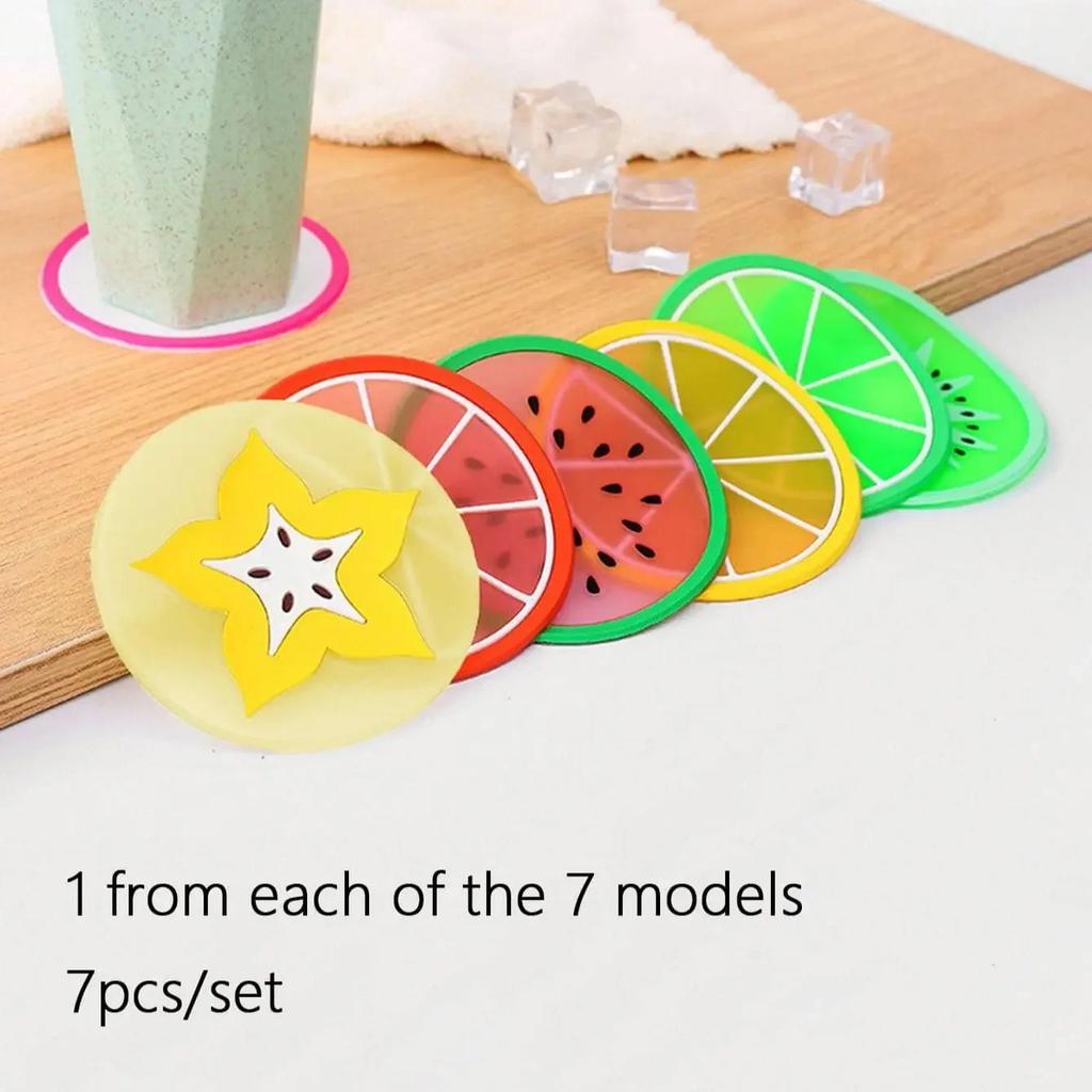 7pcs Silicone Coasters Set, Fruit Design Non-Slip Cup Pads, Creative Assorted Fruit Slice Drink Mats For Coffee & Tea