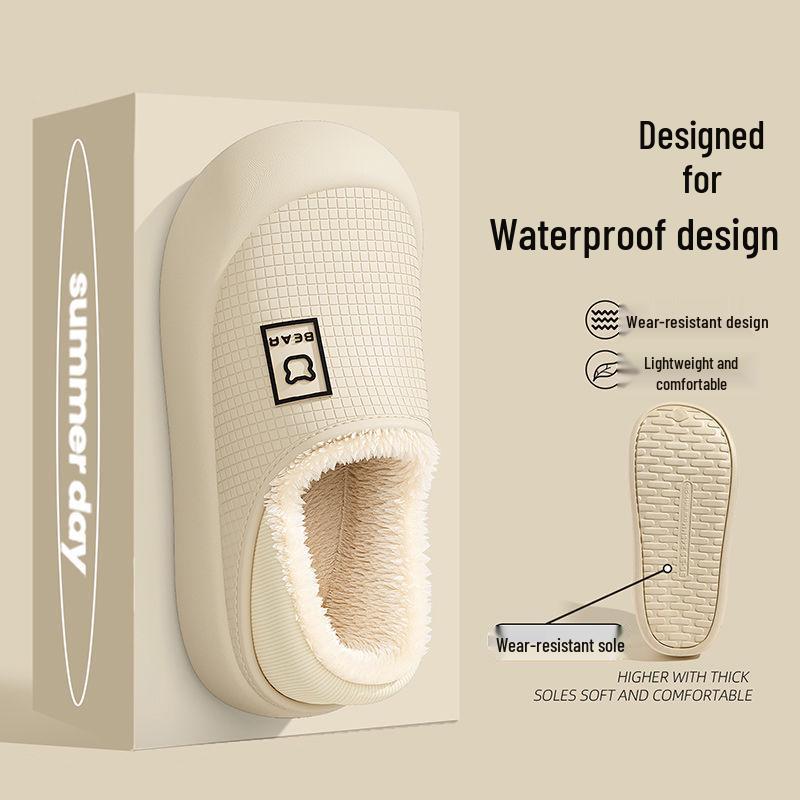 Waterproof Cotton Slippers: Women's/Men's Non-Slip Thick-Soled, Plus Velvet, Warm, Closed Heel for Autumn/Winter.