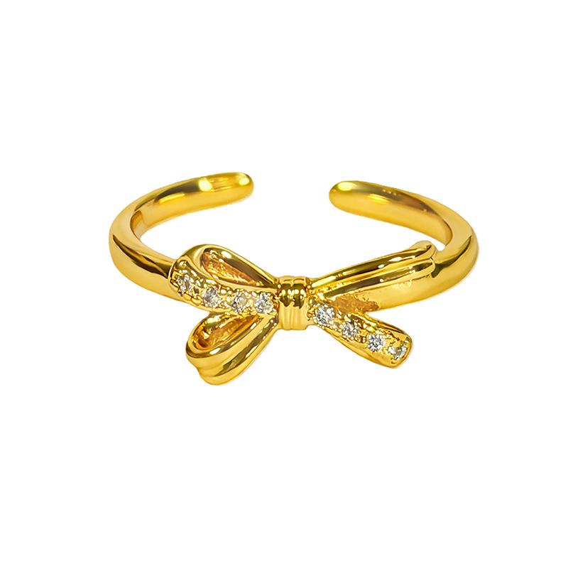 Medieval Vintage Micro-Inlaid Zircon Bow Open Ring Women'S Retro Light Luxury Niche High-End Index Finger Ring