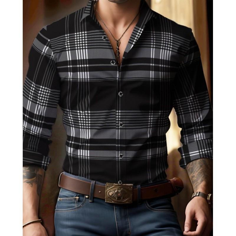 2025 Geometric Three-dimensional 3D Printed Casual Lapel Long-sleeved Shirt Spring and Autumn Men's Trendy Versatile Shirt for Men