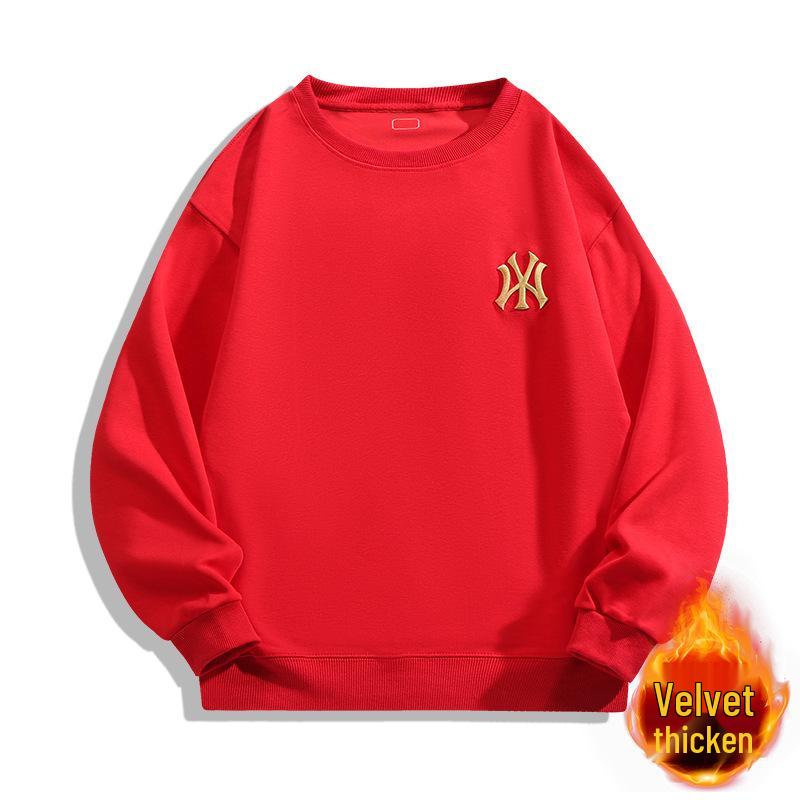 2024 Men's Heavyweight Cotton Round Neck Hoodie - Autumn/Winter Loose Fit with Plus Velvet Thickening, Trendy Style
