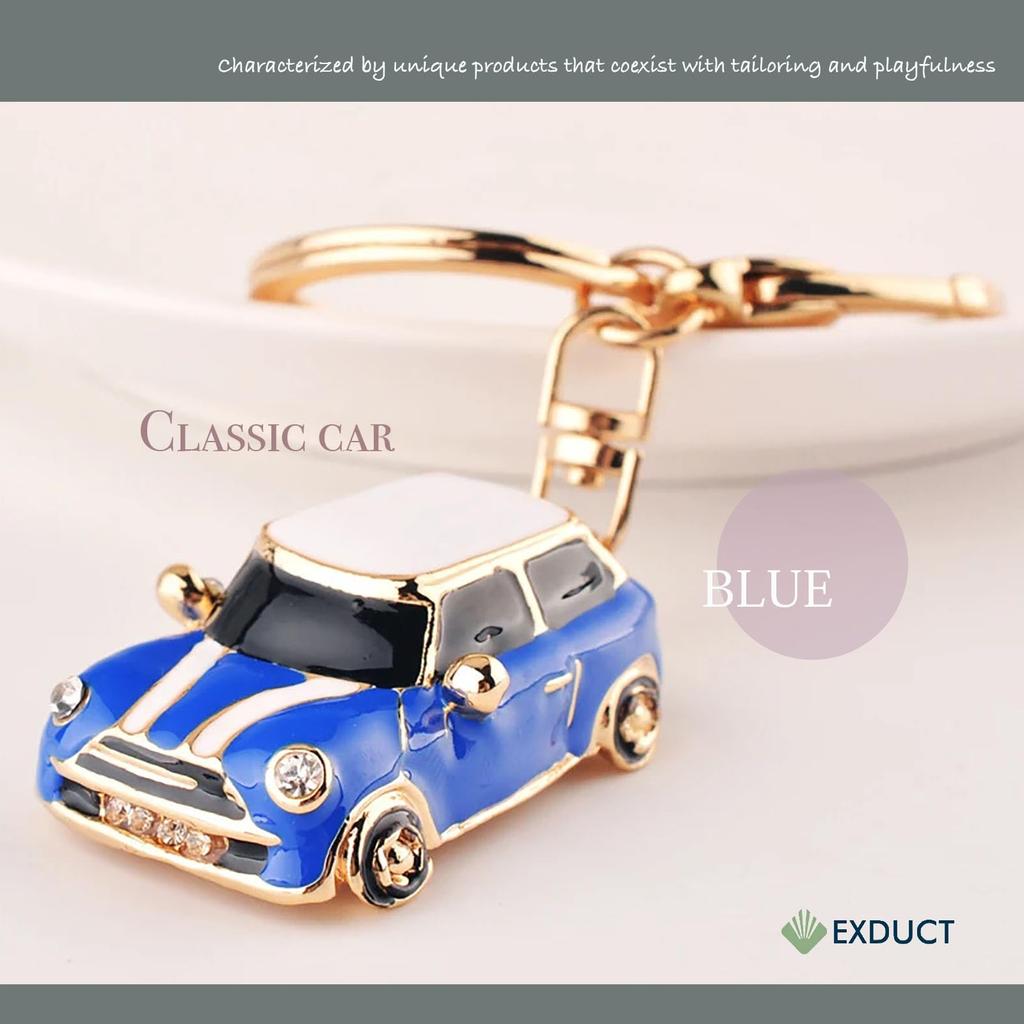 Set of 2 Retro Style Classic Car Shaped Keychains Cute Set Pair Retro Miniature Cars [EXDUCT] (Blue & Red)