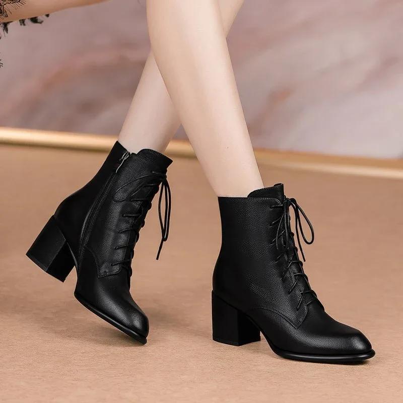 Fashion Leather Booties Brown Elegant With Medium Heels Female Short Shoes New Rock Spring 2025 Designer Luxury Sale Women's Ankle Boots