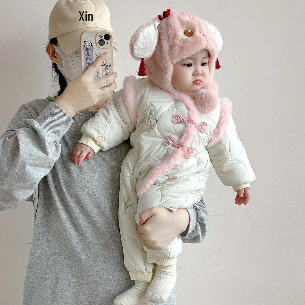 Super Cute Fleece-Lined Baby Winter Romper Jumpsuit with Cotton-Padded Jacket
