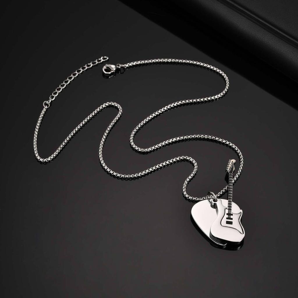 Xiaomi Vnox Guitar Pendant Necklace for Men, 2mm Width Box Chain Punk Necklace, Black Silver Color Stainless Steel Jewelry Gift for Him