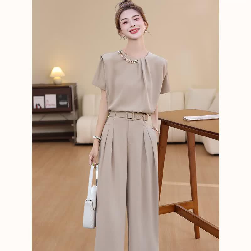 D.F.DEAR Elegant Round Neck Short Sleeve Wide-Leg Pants Set