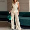 ZANZEA Women Sleeveless Vest Tops and Long Pants Casual Stripe Print Two Piece Sets