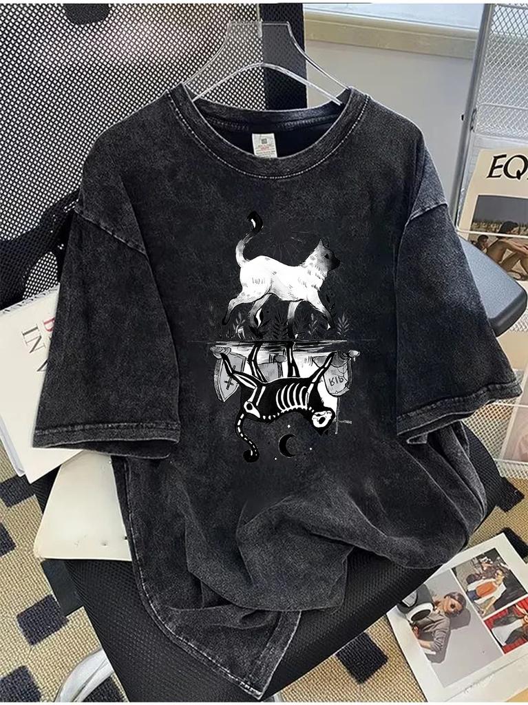 Summer Womens Cat Loose Casual Top Retro Printed Round Neck Short Sleeve Shoulder Down Cotton Large Edition Tshirts