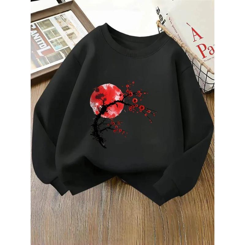 Kids Unisex Crewneck Sweatshirt, Chinese Ink Wash Red Plum Blossom Red Sun Art Print Soft Fleece Pullover For Kids Over 4 Years Old