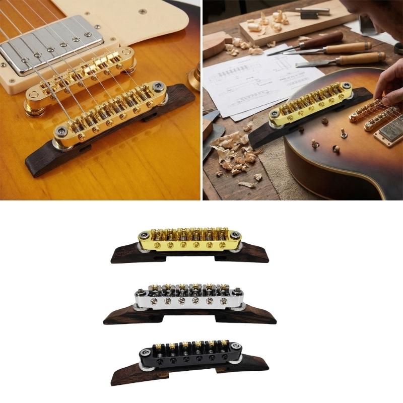 High Performances Fixed Saddles Rosewood Bridge Electric Guitar Bridge Tailpiece with Golden Roller Saddles Easy to Use