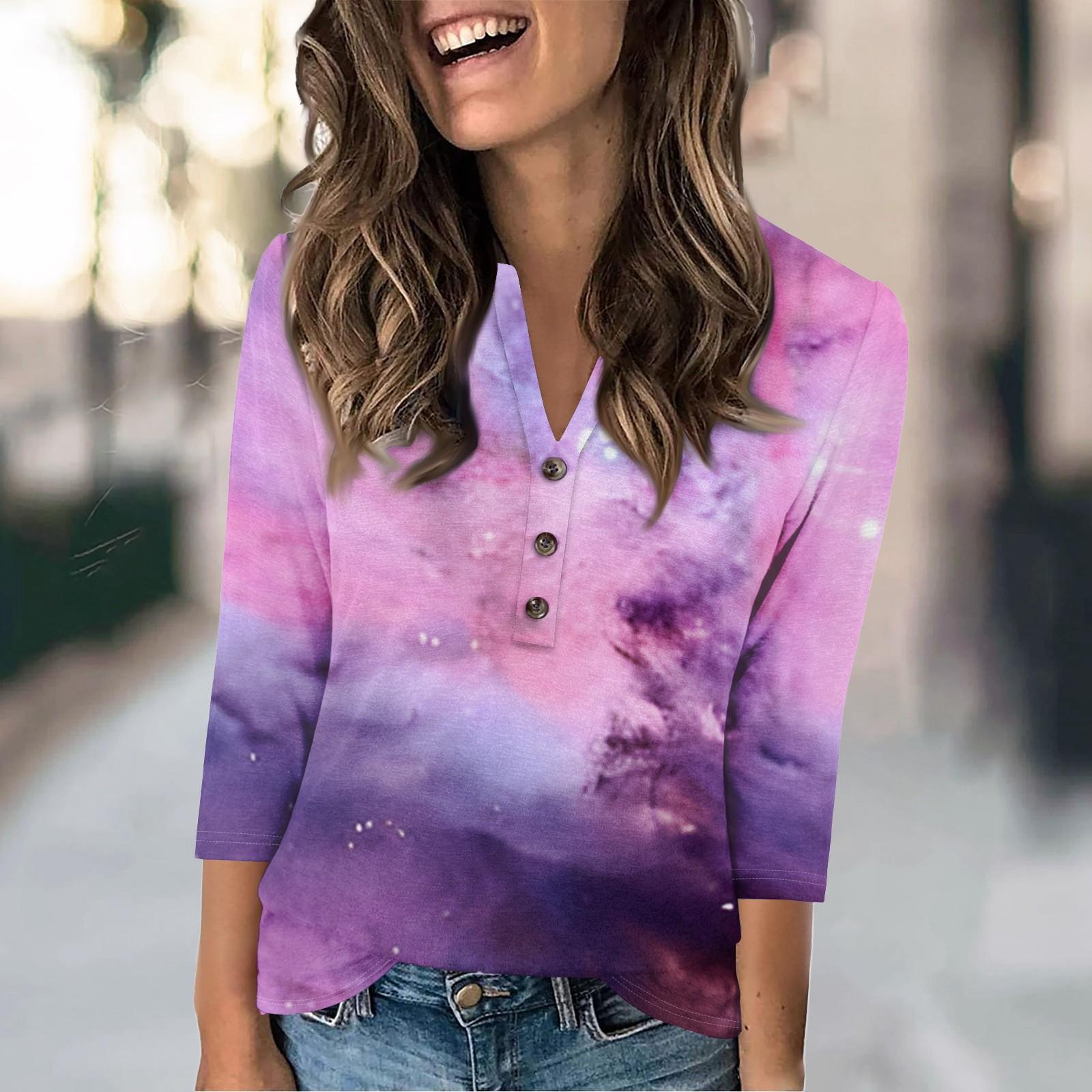 

Женская модная повседневная футболка с винтажным принтом звезд, V-образным вырезом и рукавом семь четвертей на пуговицах XL