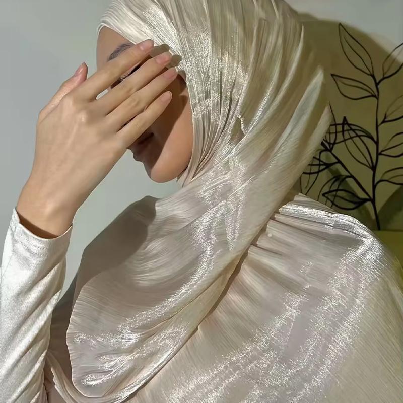 New Solid Color Glitter Hijabs 2Pcs With Undercap Muslim Ladies Soft Head Wrap Shimmer Satin Crepe Hijab Shawl