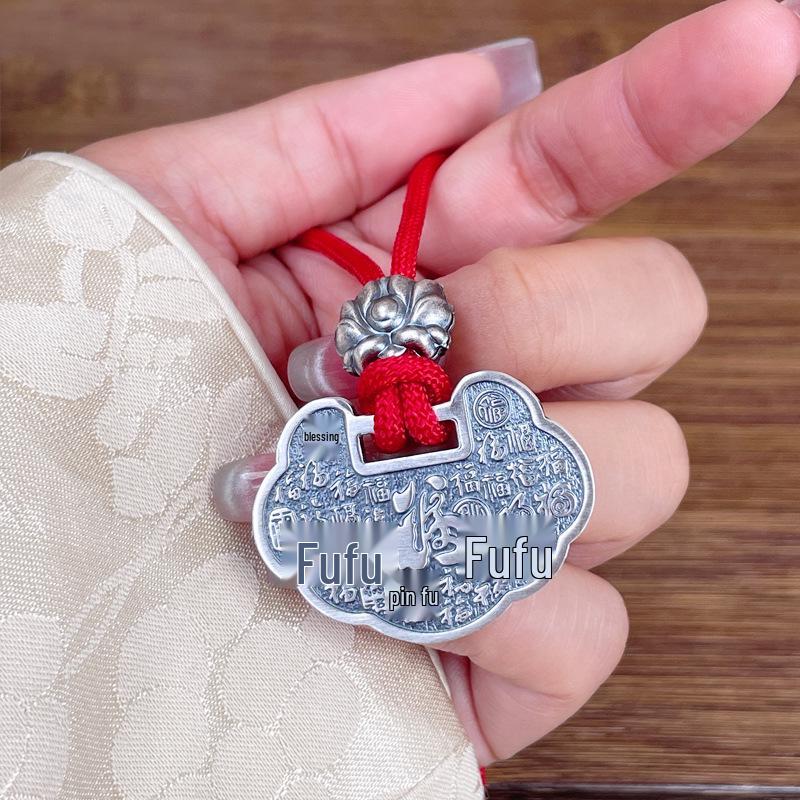 999 Sterling Silver Longevity Lock: Engraved Birthday Blessings Red String Safety Lock for Children 999 Pure Silver