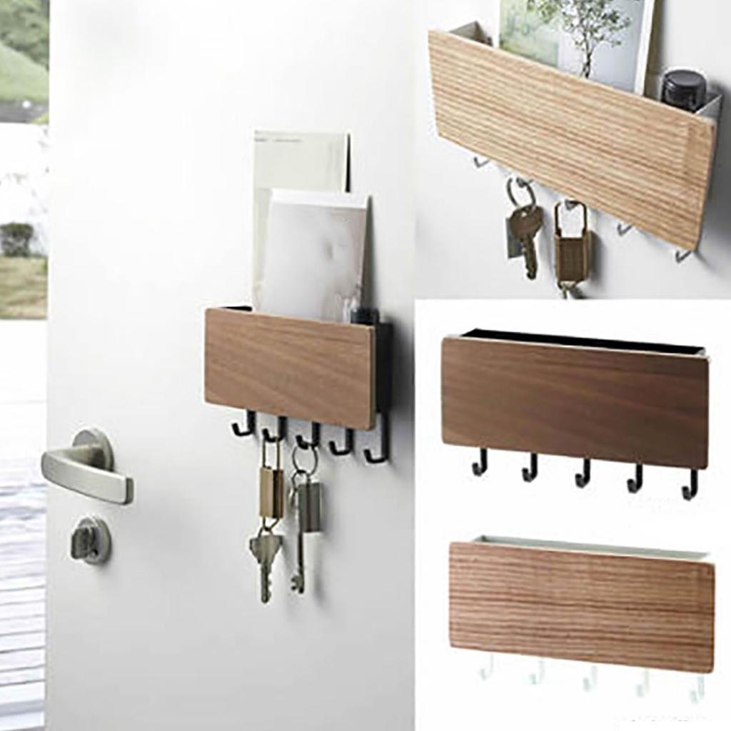 Wooden Key Holder Mail   5 Hooks Drilling   Wall Mounted Key Holder Storage Shelf