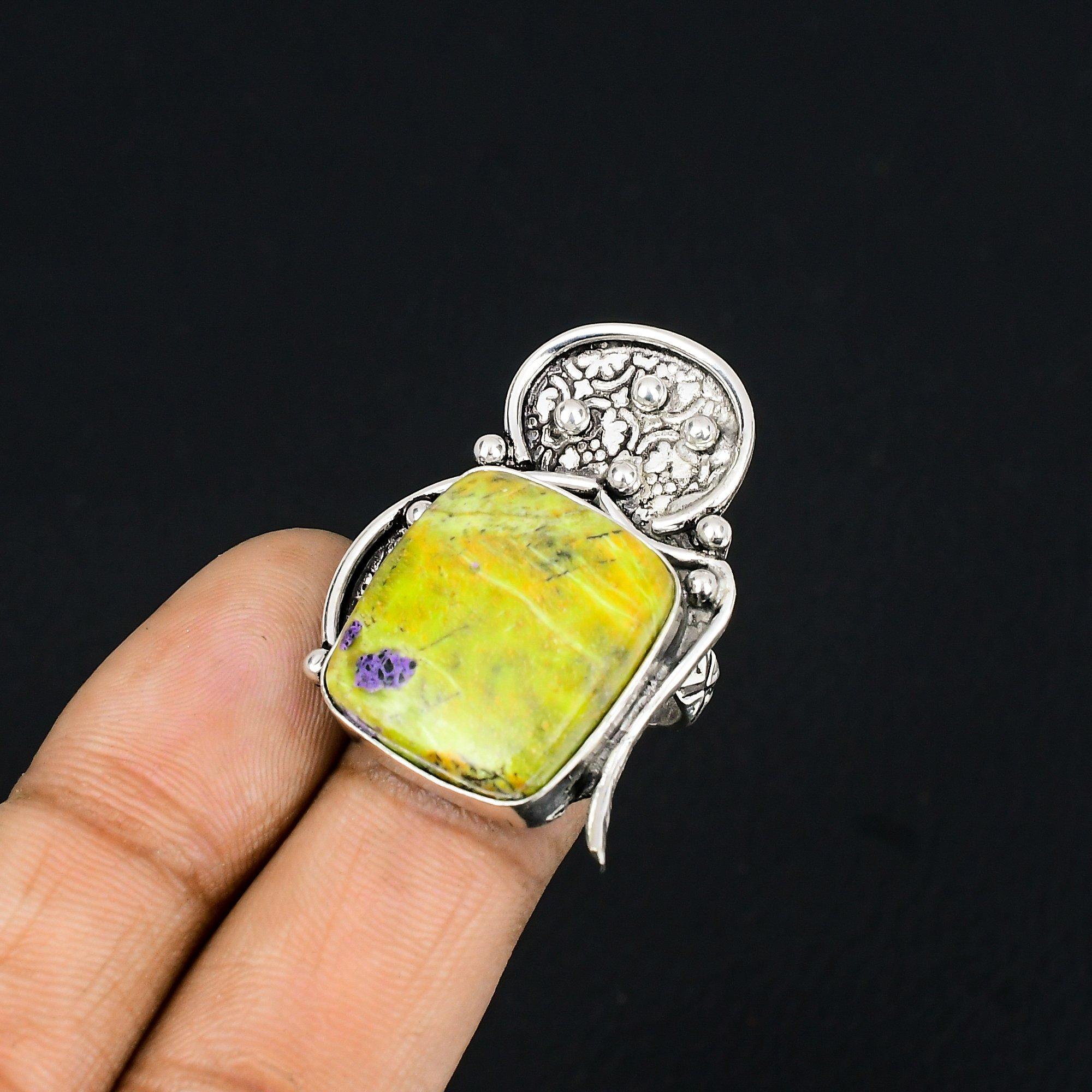 Кольцо-солитер с натуральным камнем Атлантизит Размер 7 Ювелирное изделие из стерлингового серебра 925 пробы 7