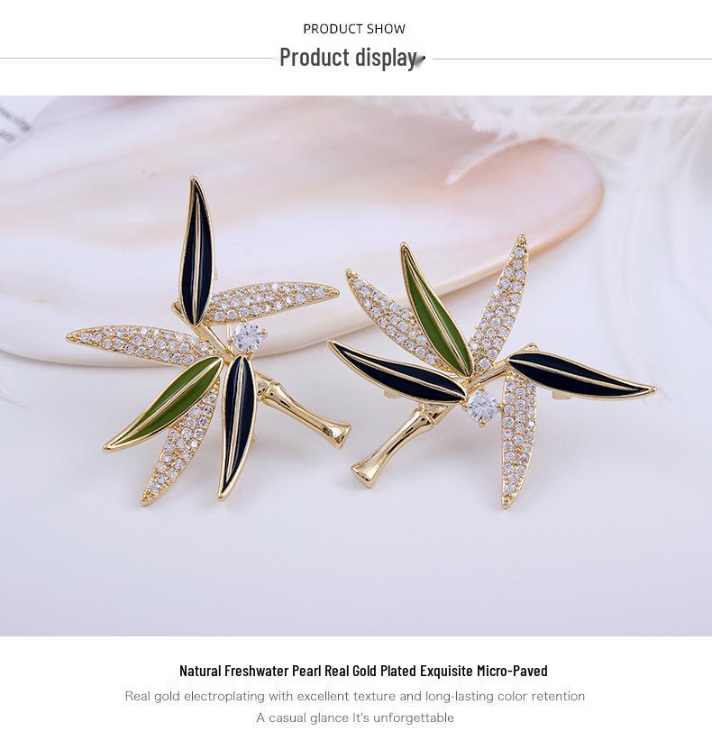 Elegant Chinese Freshwater Pearl & Bamboo Brooch with Zircon Accents - Women's Luxury Suit Accessory