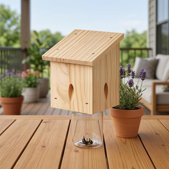 Carpenter Bee Trap Outdoor Hanging Bee Catcher Trap Kit Wooden Insect Trapping Box with Plastic Jar for Swarm Control