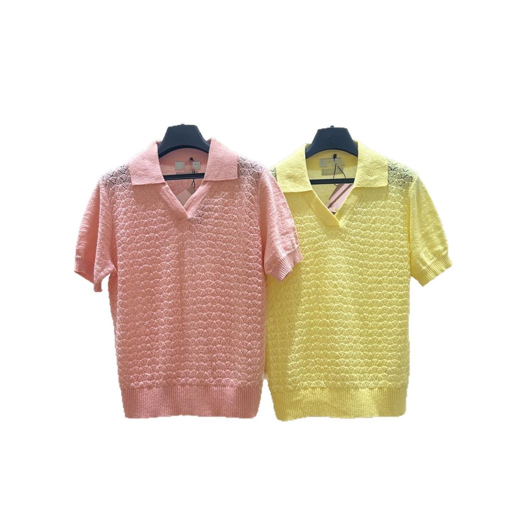 26 new spring and summer solid color pullover knitted short-sleeved t-shirt wool knitted top temperament lapel high-end women's clothing