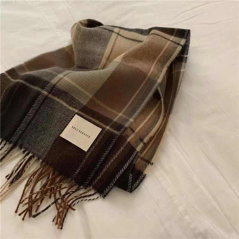 Autumn and winter Korean-style scarves for men and women, plaid cashmere neck warmer, tassel shawl, thickened for warmth