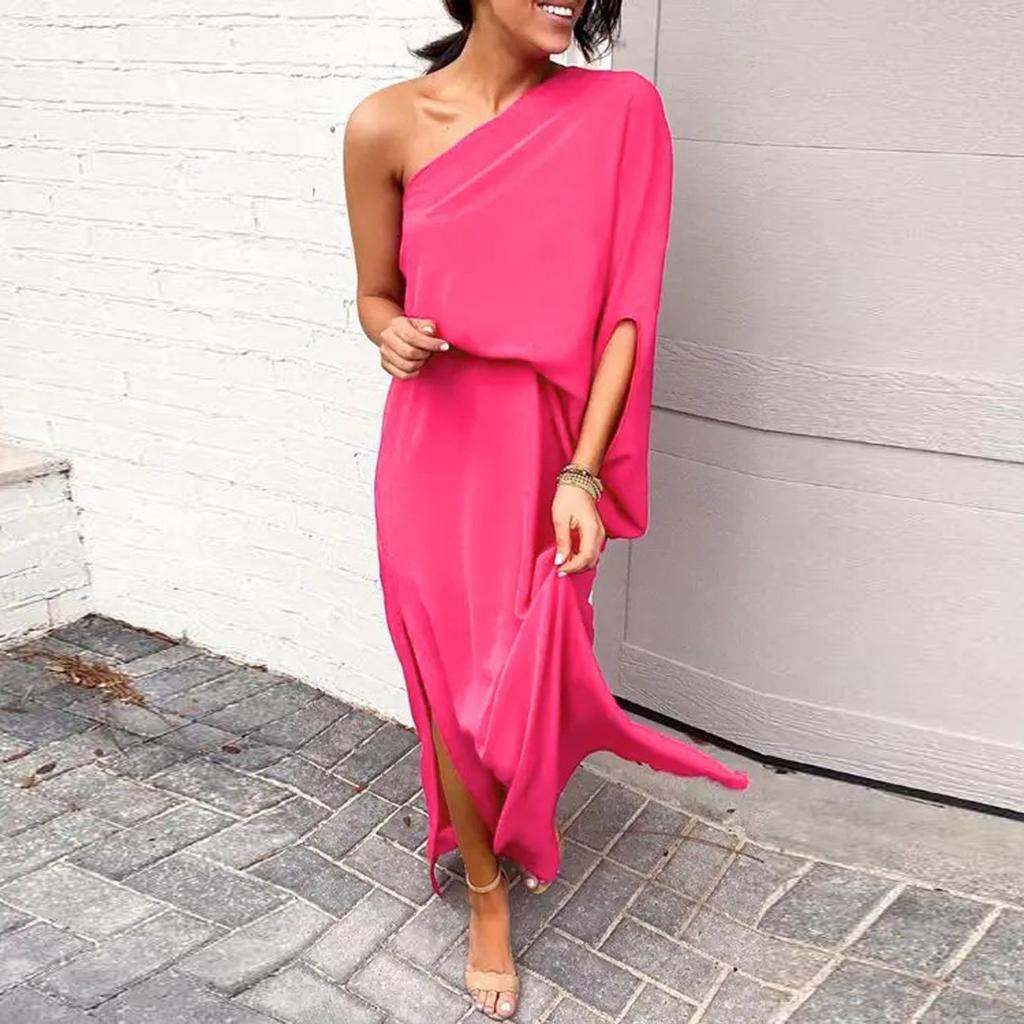 Women's Fashion Sexy One Shoulder Slit Hem Floral Short Sleeve Loose Casual Dress