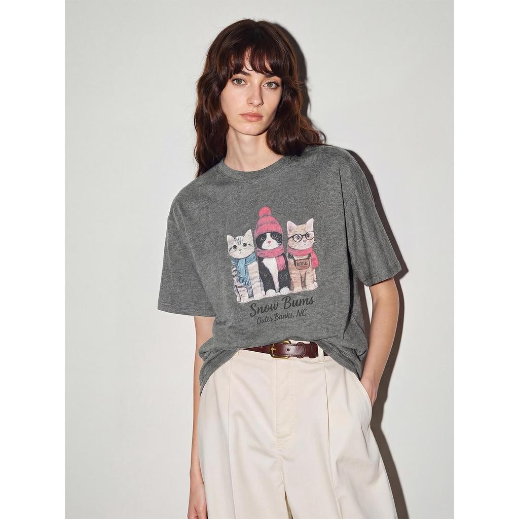 Grey Crew Neck Short Sleeve T-Shirt Women's Summer New Cat Print T-Shirt