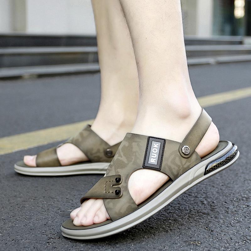 Men Leather Two ways Wear Sandals Male Beach Solid Sewing Leisure Slippers Summer New Skin Friendly Wear-resistant Shoes