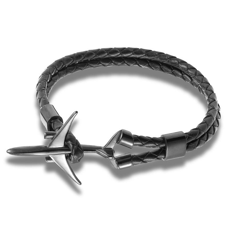 Винтажный самолет Позорированный Черная нержавеющая сталь Кожаный браслет Истребитель-бомбардировщик Сувенир