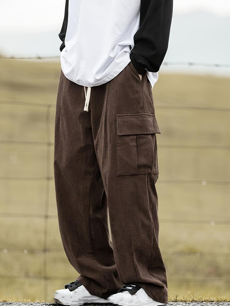 Men's Loose Solid Pants with Multi Pockets Casual Drawstring Trousers for Outdoor