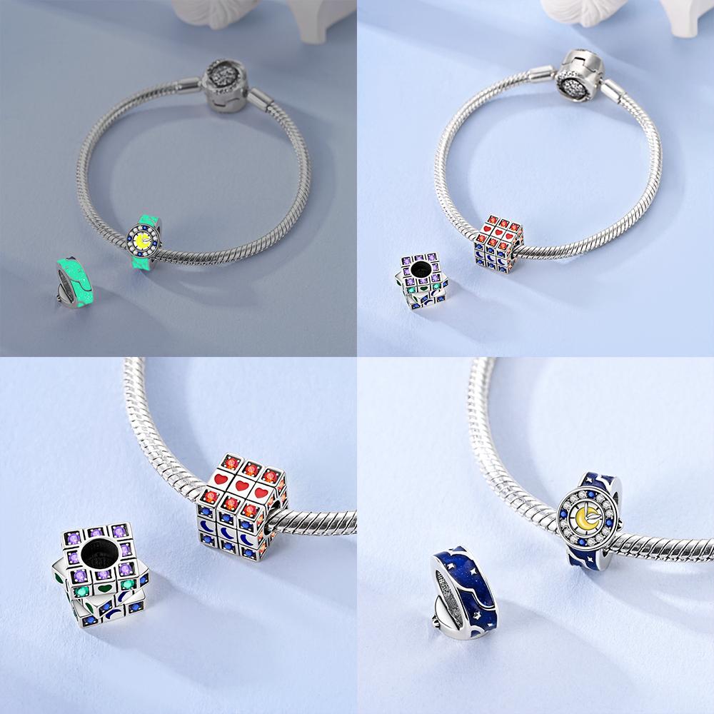 Original Star Moon Watch Rotating Cube Copper Blue Heart Bead Fit Bracelet Women Accessory Valentine'S Day Gift Jewelry Diy