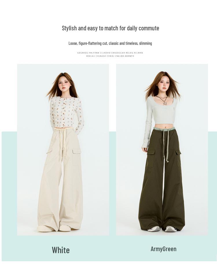 Damen Sommer Grüne Cargohose - Amerikanischer Stil, Elastischer Bund, Kordelzug, Mehrere Taschen, Lässiges Weites Bein Design