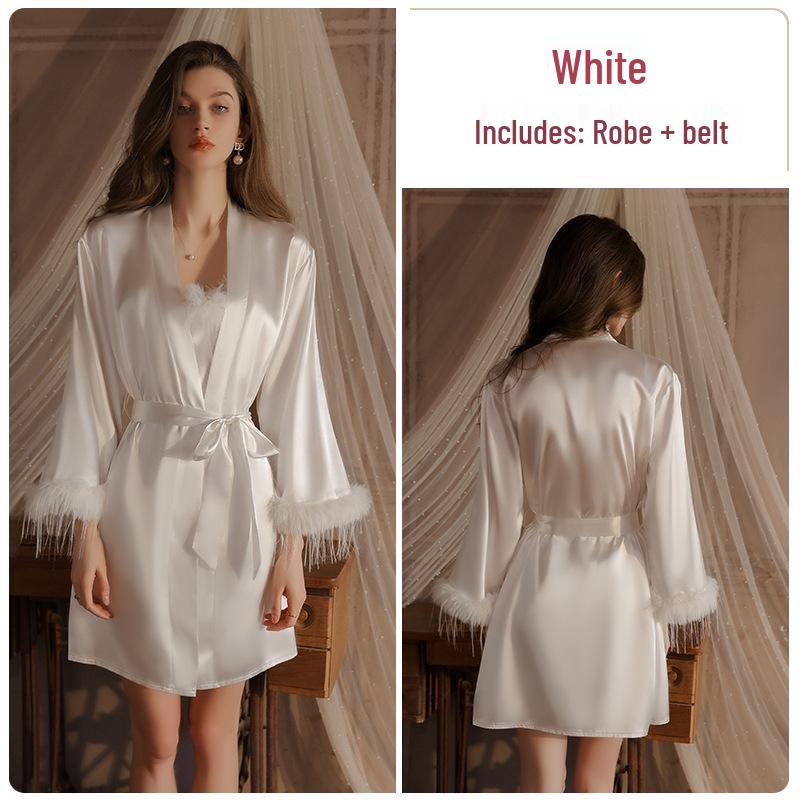 Rose Pure Temptation Plus Size Feathered Camisole Nightgown & Robe Set for Women