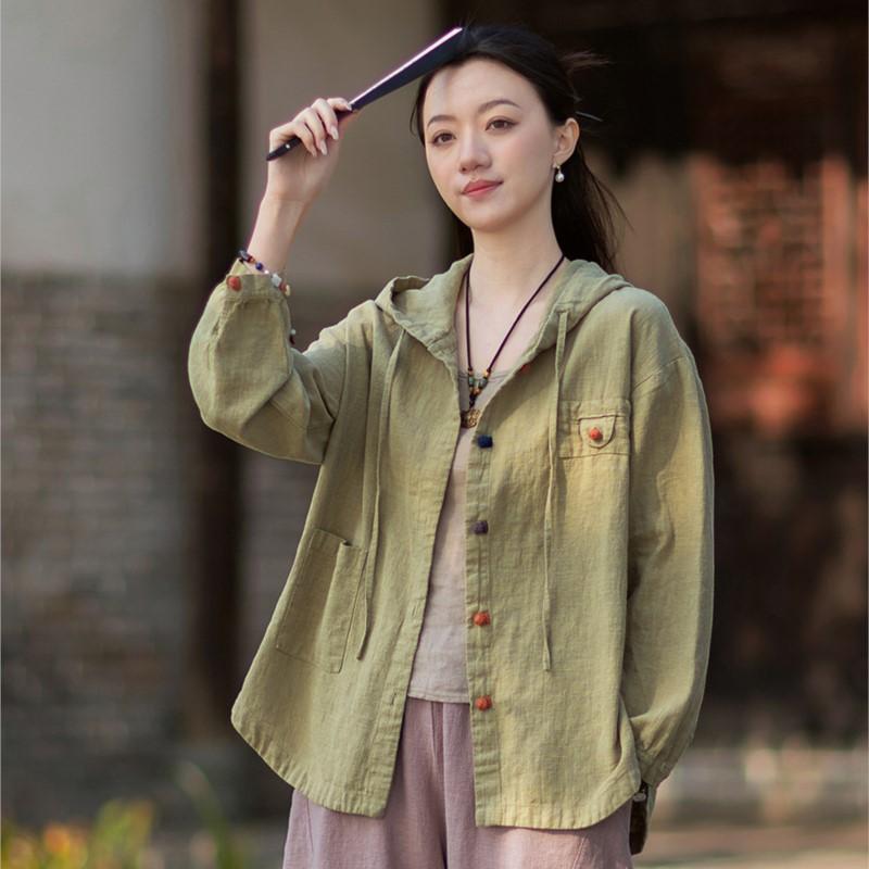 Johnature Women Vintage Shirts Tops Hooded Spring Chinese Style Solid Color Blouses Button Shirts