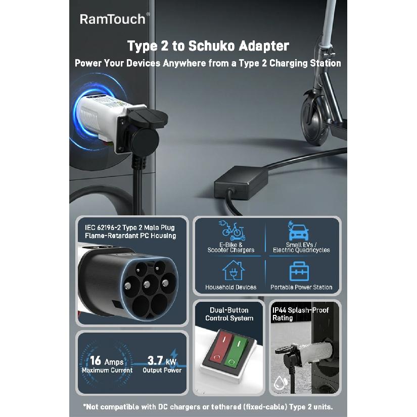 RamTouch Type 2 to Schuko Adapter for Charging Stations & Wallboxes (230V, 16A, 3.7kW) | Type 2 Male Plug to Schuko Mains Socket