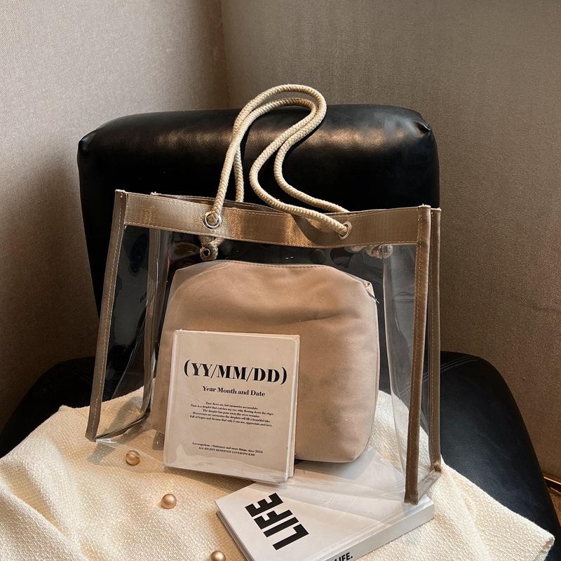 Personalized transparent bag women's new model, large-capacity mother and child shoulder bag trendy commuter PVC portable tote bag