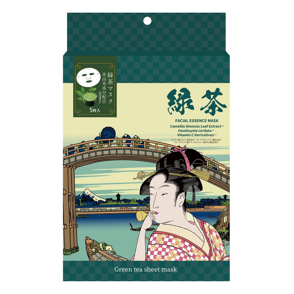 Edo Green Tea Sheet Mask Pore Skin Skin Tea Leaf Houttuynia Cordata Vitamin C Ukiyo-e (5 Sheets) Skincare, Care, Irritation, Beautifying, Extract,