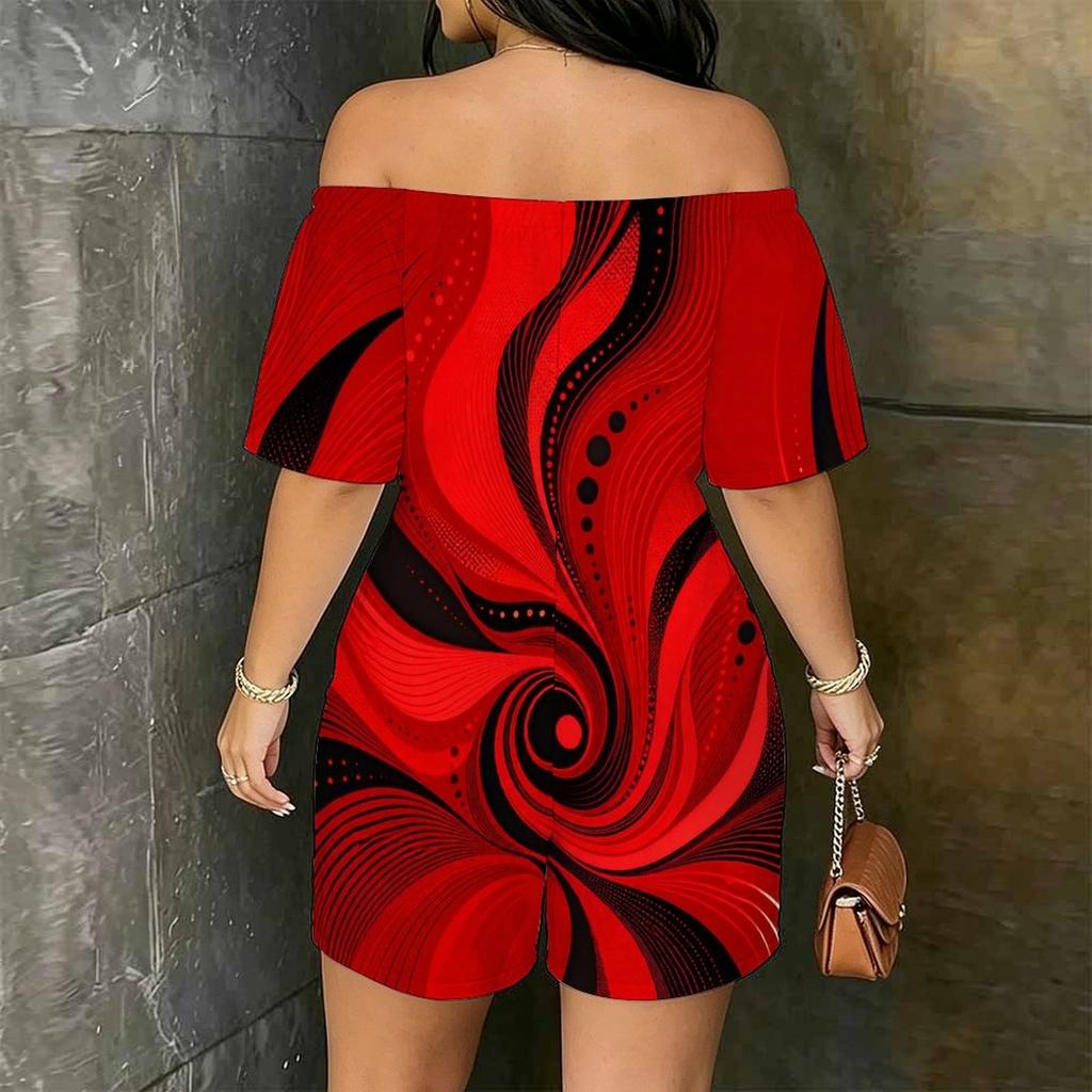 Women Plus Size Off Shoulder Short Sleeve Galaxy Marble Print Romper Loose Fit Side Pockets