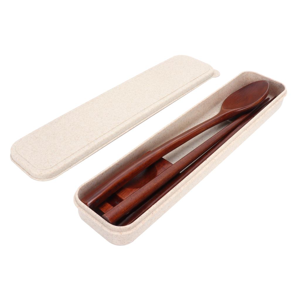 4Pcs/Set Wooden Chopsticks Spoon Tableware Rest with Box Portable Cutlery Set for School Office
