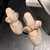 Fashion Sequin Cloth Wrapped Slippers Summer New Round Toe Shallow Mouth Bow Straw Sole Platform Non-Slip Kitten Heels