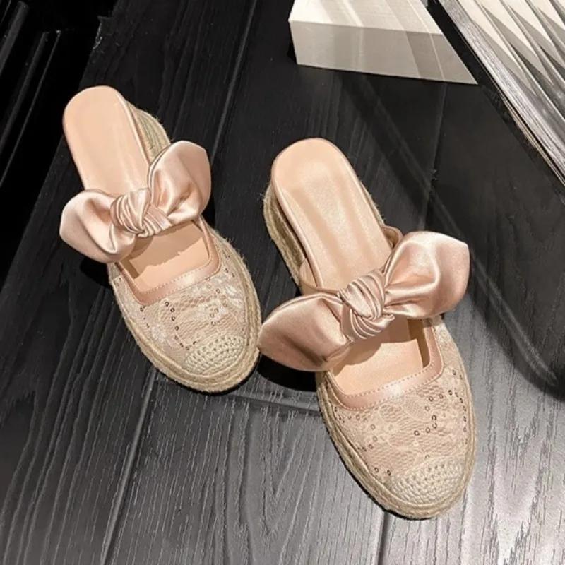 Fashion Sequin Cloth Wrapped Slippers Summer New Round Toe Shallow Mouth Bow Straw Sole Platform Non-Slip Kitten Heels
