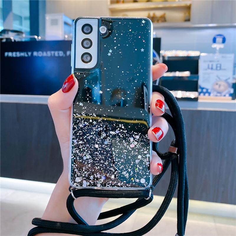 Glitter Phone Case For Samsung Galaxy A14 A36 A33 A53 A73 A52 A54 A56 A34 A16 A15 A55 S25 Cover Crossbody Necklace Lanyard Strap