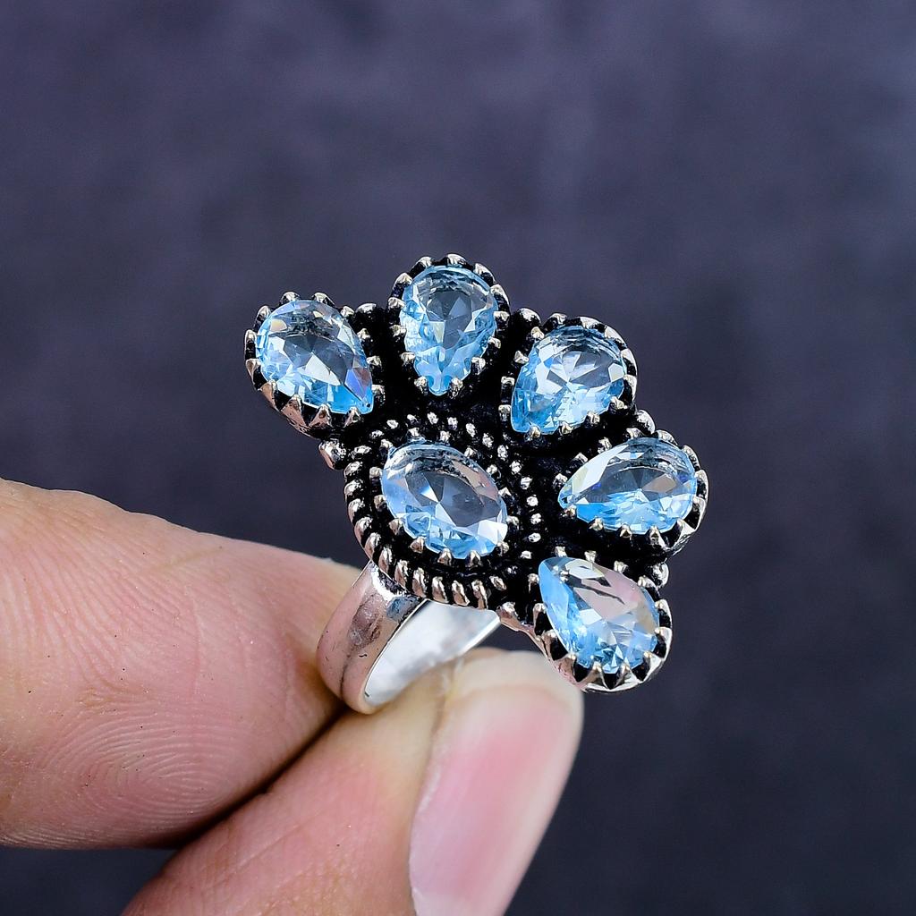Natural Blue Topaz Gemstone Handmade 925 Sterling Silver Jewelry Ring Size 7.5 U5G80